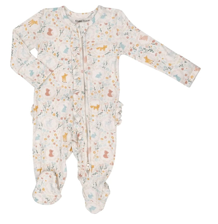 Angel Dear 2 Way Ruffle Zipper Footie- Woodland Cameos