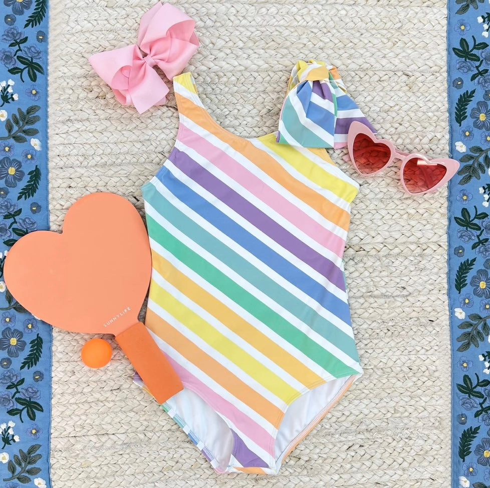 The Beaufort Bonnet Co Brookhaven Bow Swimsuit-Rainbow Rollerskate Stripe