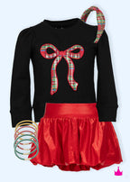Azarhia Top Christmas Plaid Bow Applique-Black Holly