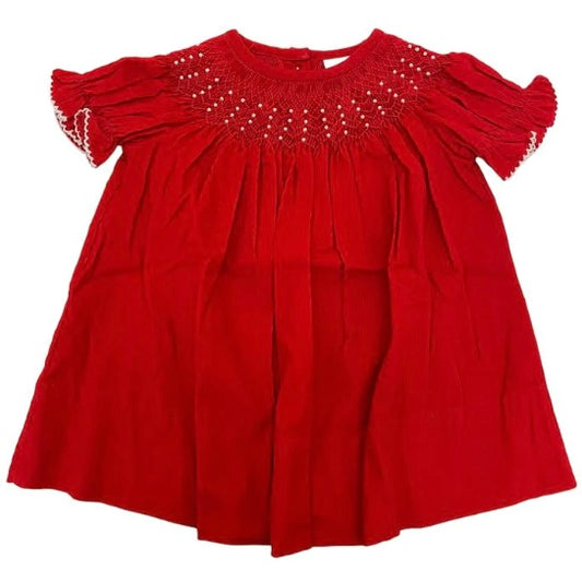 Girls Red Corduroy Smocked Peal Dress
