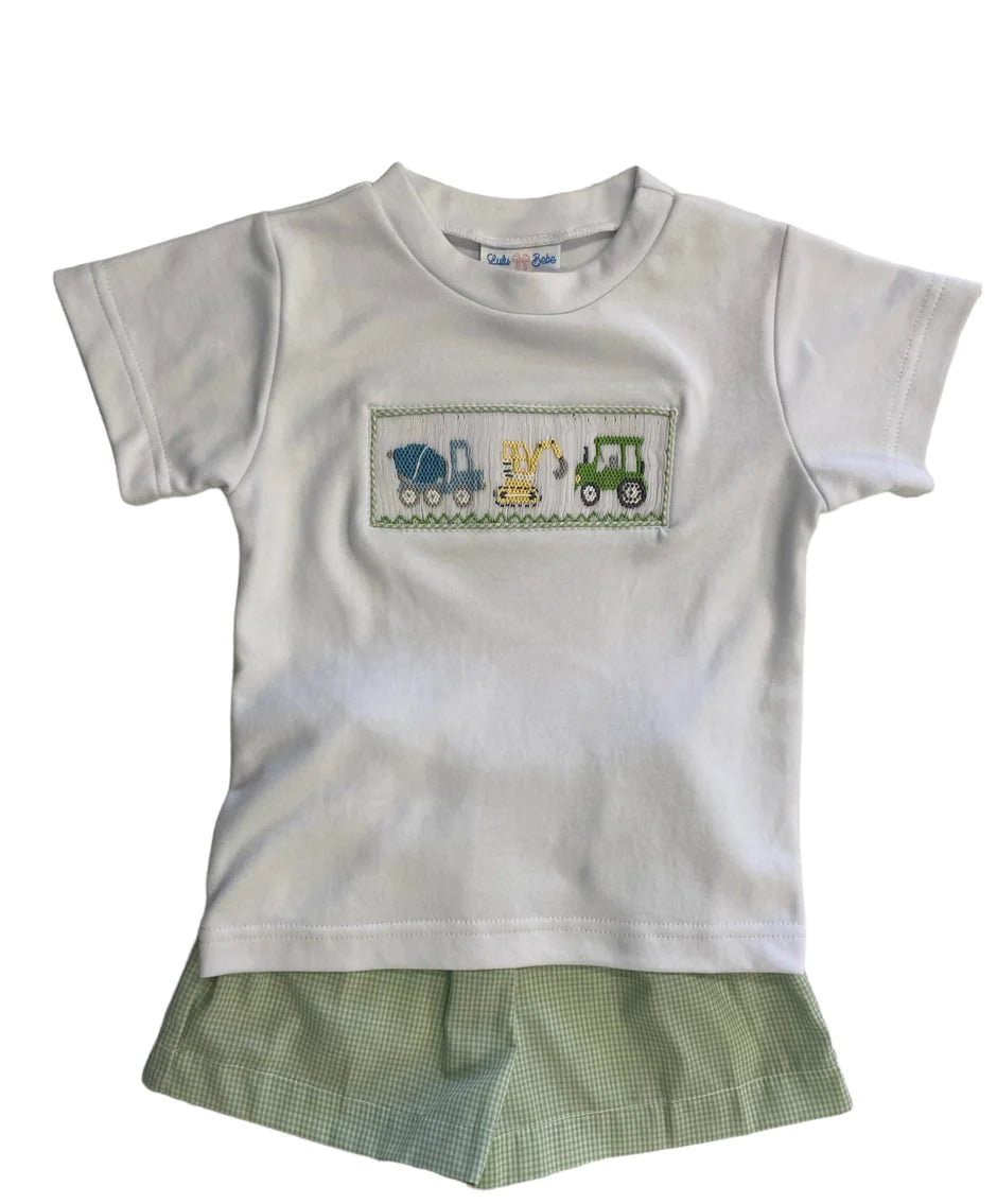 Lulu Bebe Construction Truck Light Green Gingham Short Set