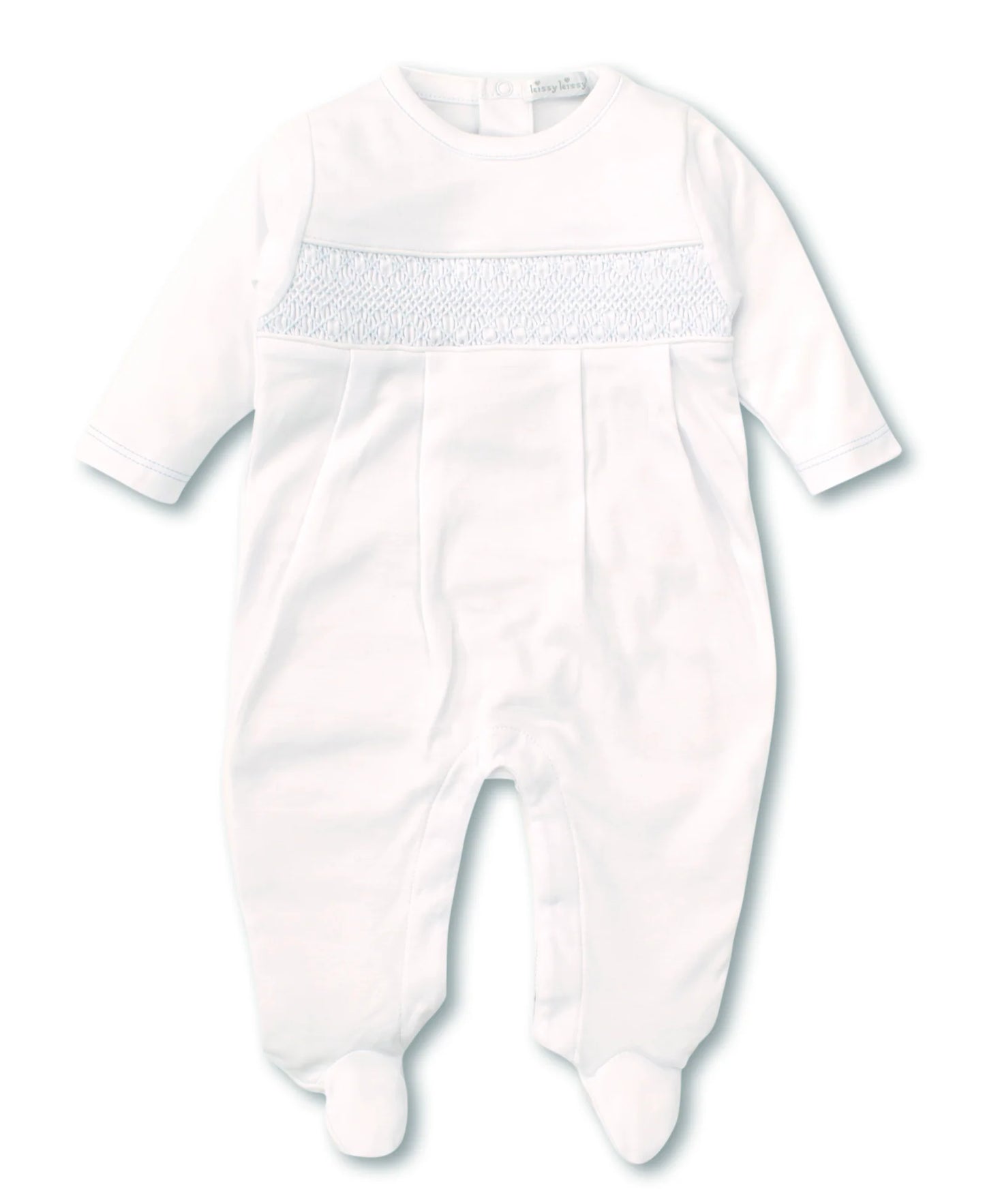 Kissy Kissy Hand Smocked White and Blue Footie