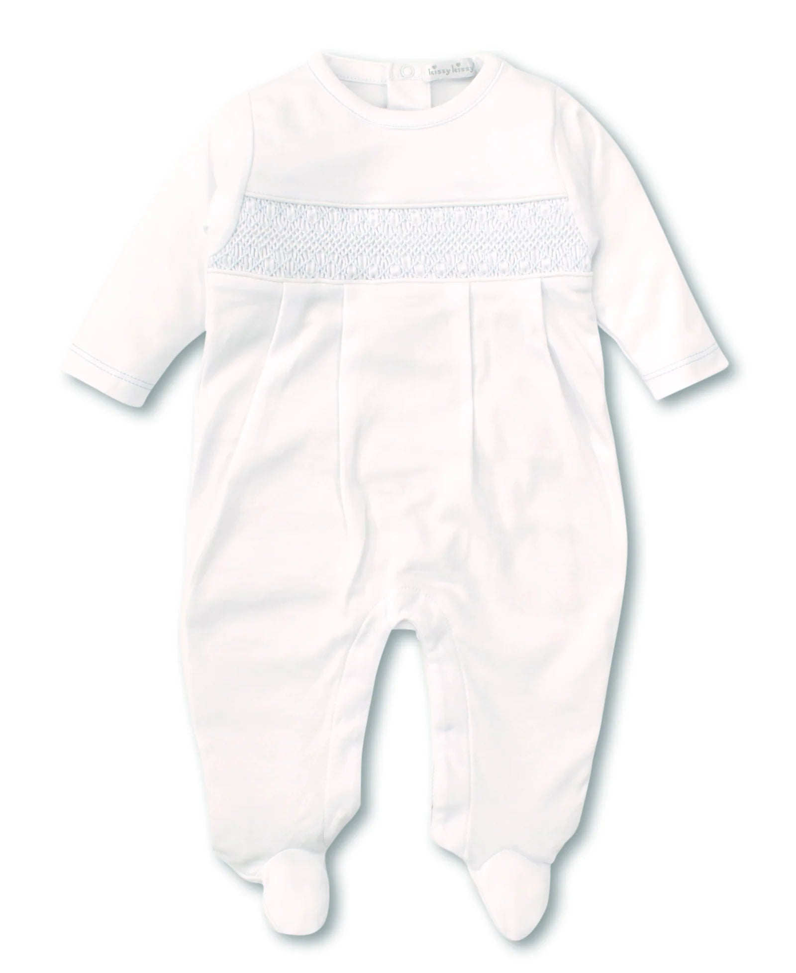Kissy Kissy Hand Smocked White and Blue Footie