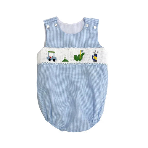 LuluBebe Light Blue Gingham smocked Golf Bubble