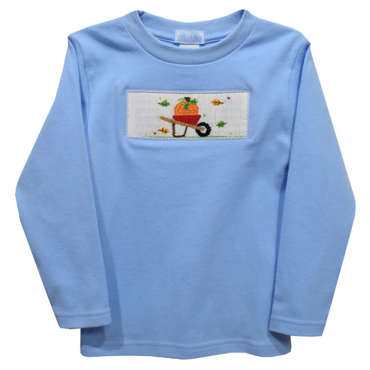 Pumpkin Cart Smocked Light Blue Long Sleeve