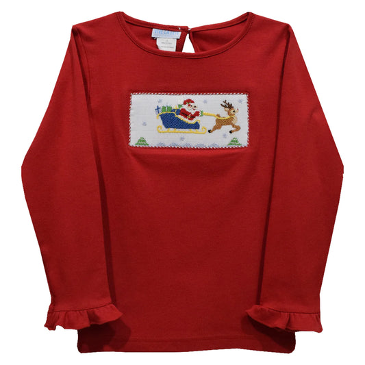 Santa Sleigh Smocked Red Knit Ruffle Long Sleeve Girls Tee