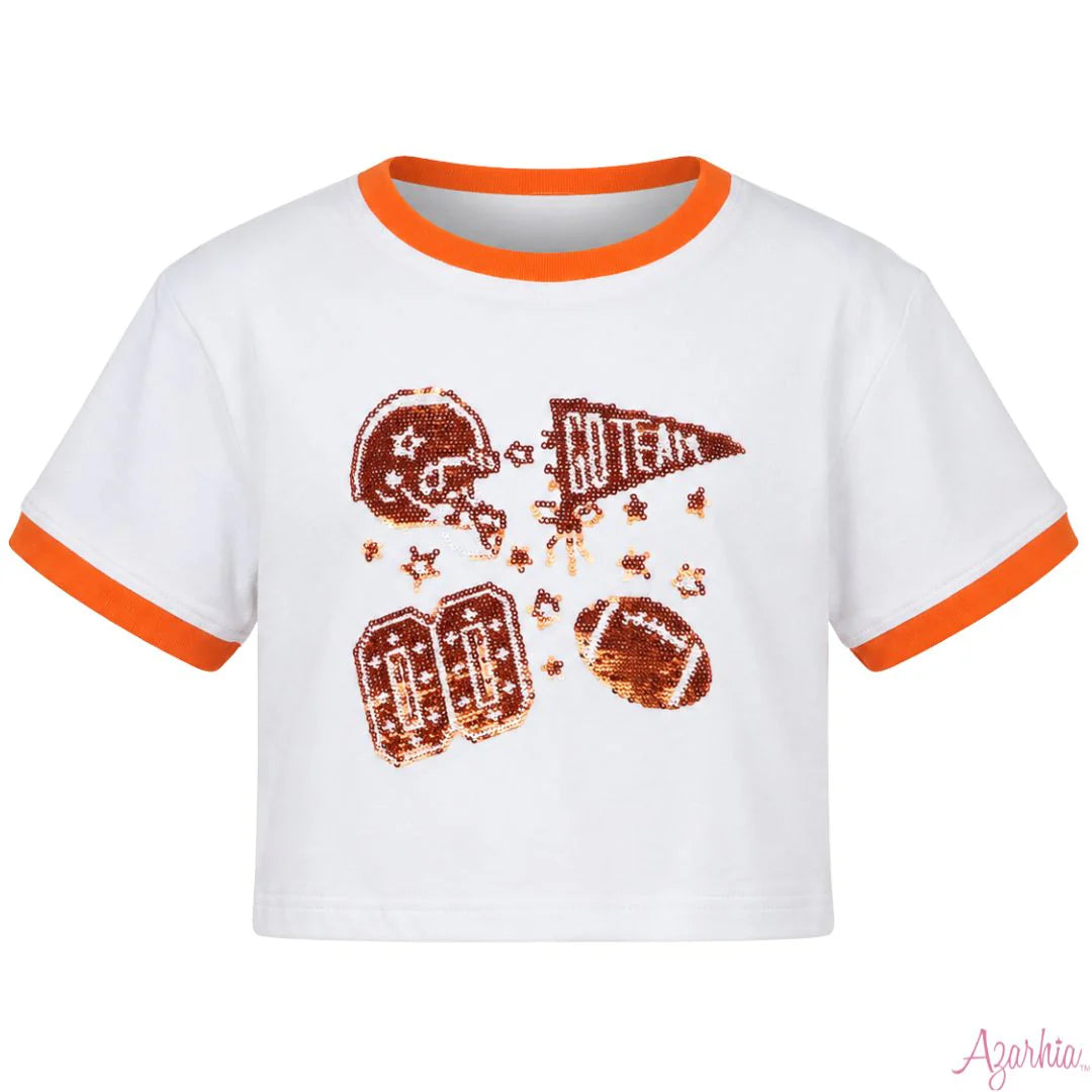 Azarhia Sequin Football Elements Boxy T Orange