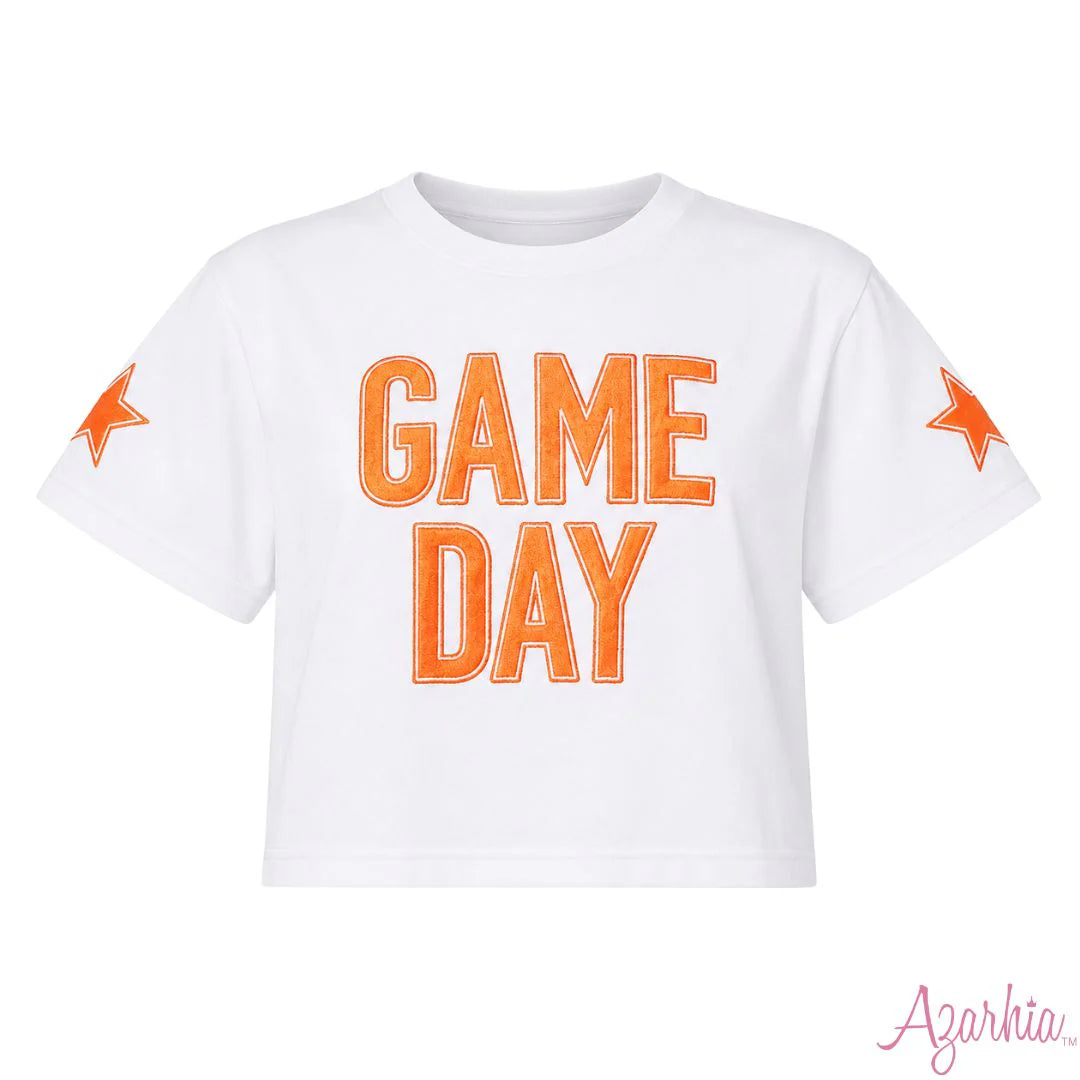 Azarhia Shimmer Applique Game Day Boxy Orange