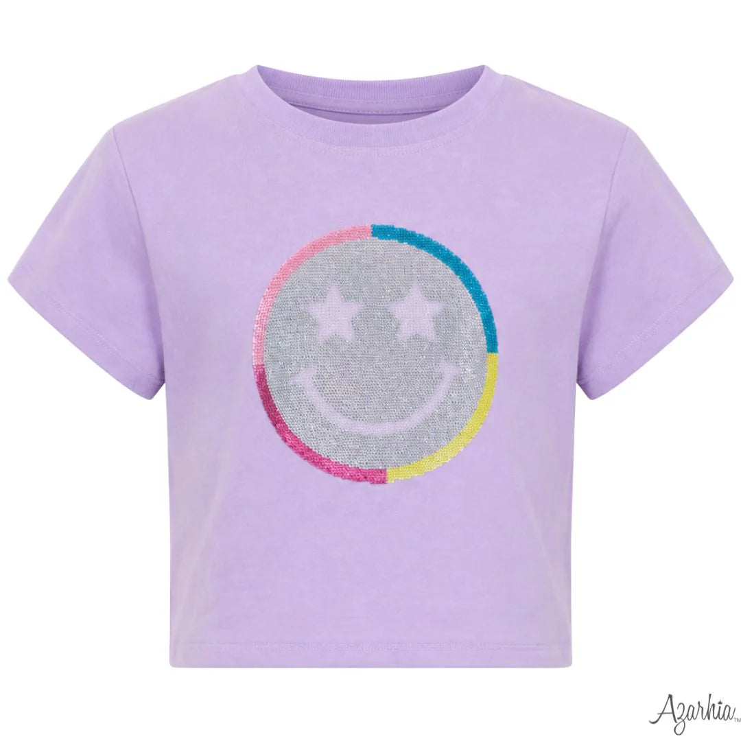 Azarhia Sequin Smiley Face Lavender Boxy Top