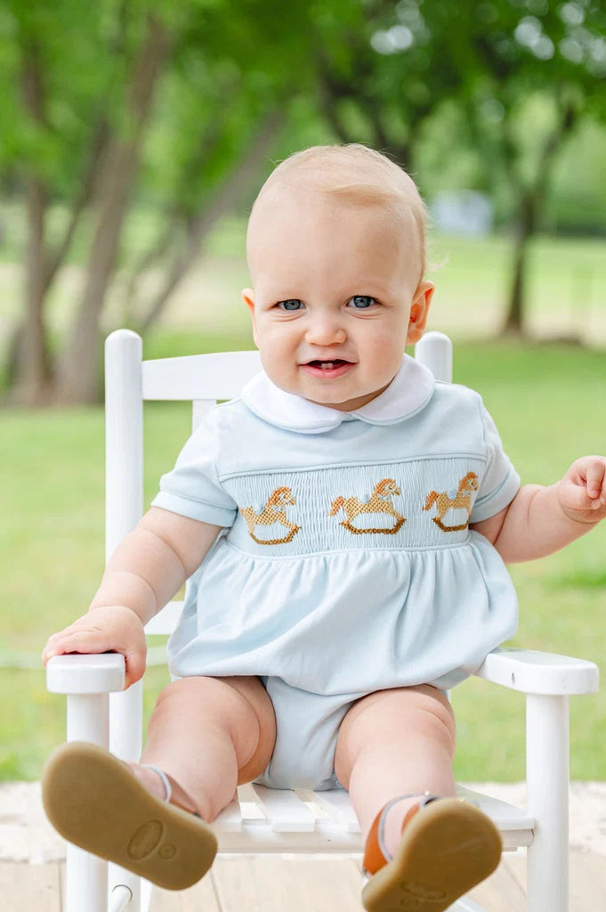 Ruth & Ralph Blue Rocking Horse Smocked Bubble