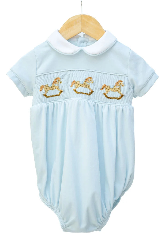 Ruth & Ralph Blue Rocking Horse Smocked Bubble