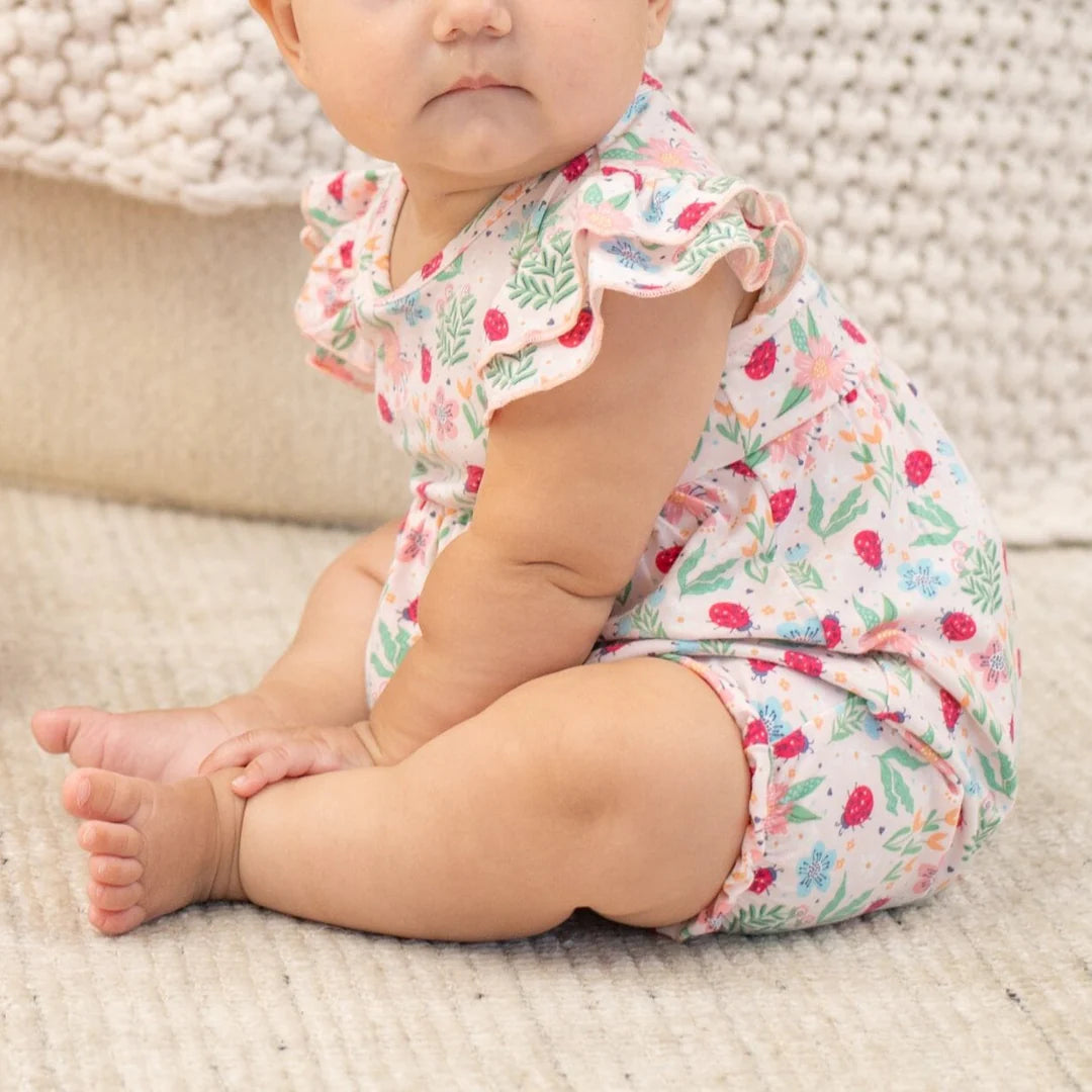 Sweet Bamboo Ladybug Flower Garden Ruffle Romper
