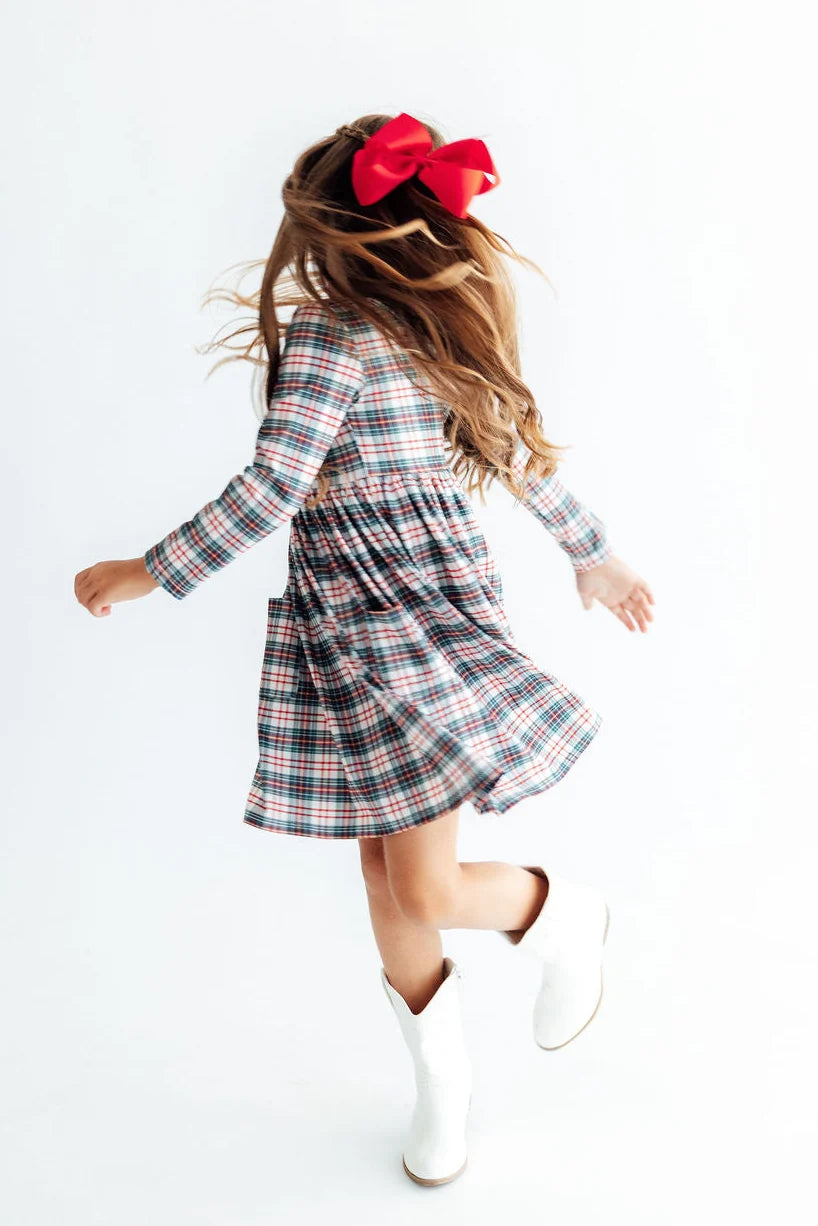 Christmas Plaid Pocket Twirl Dress LS