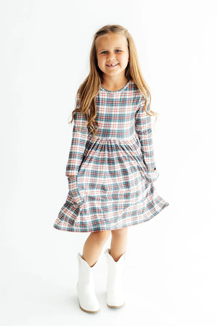 Christmas Plaid Pocket Twirl Dress LS