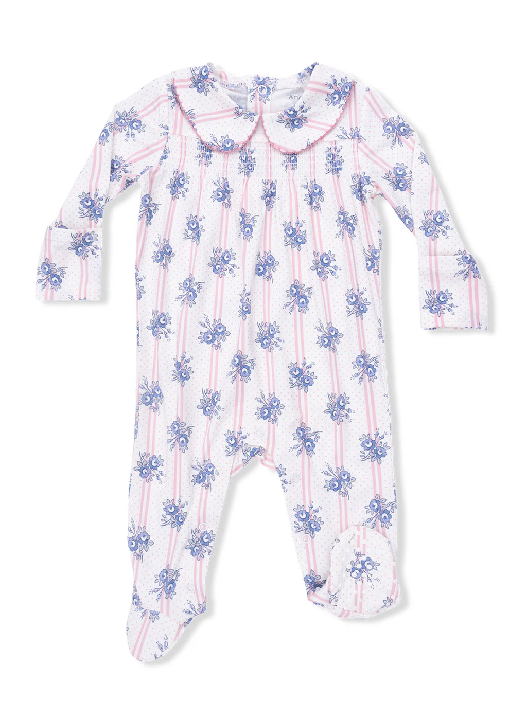 Smocked Peter Pan Snap Footie- Stripe Dot Roses