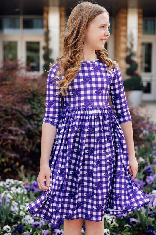 TCU Plaid Frog 3/4 Sleeve Twirl Dress