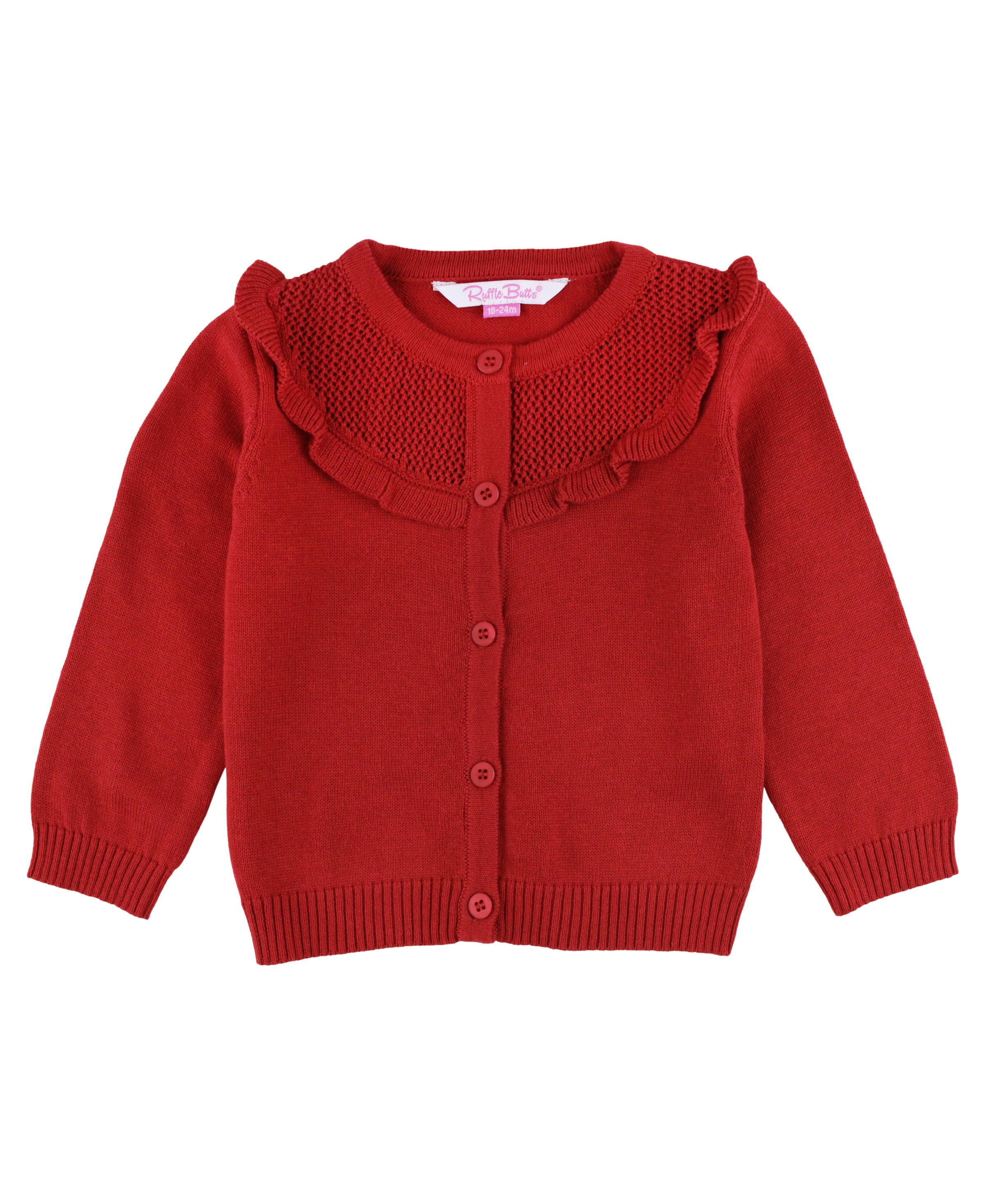 Sweater Knit Ruffle Trim Cardigan - Classic Red