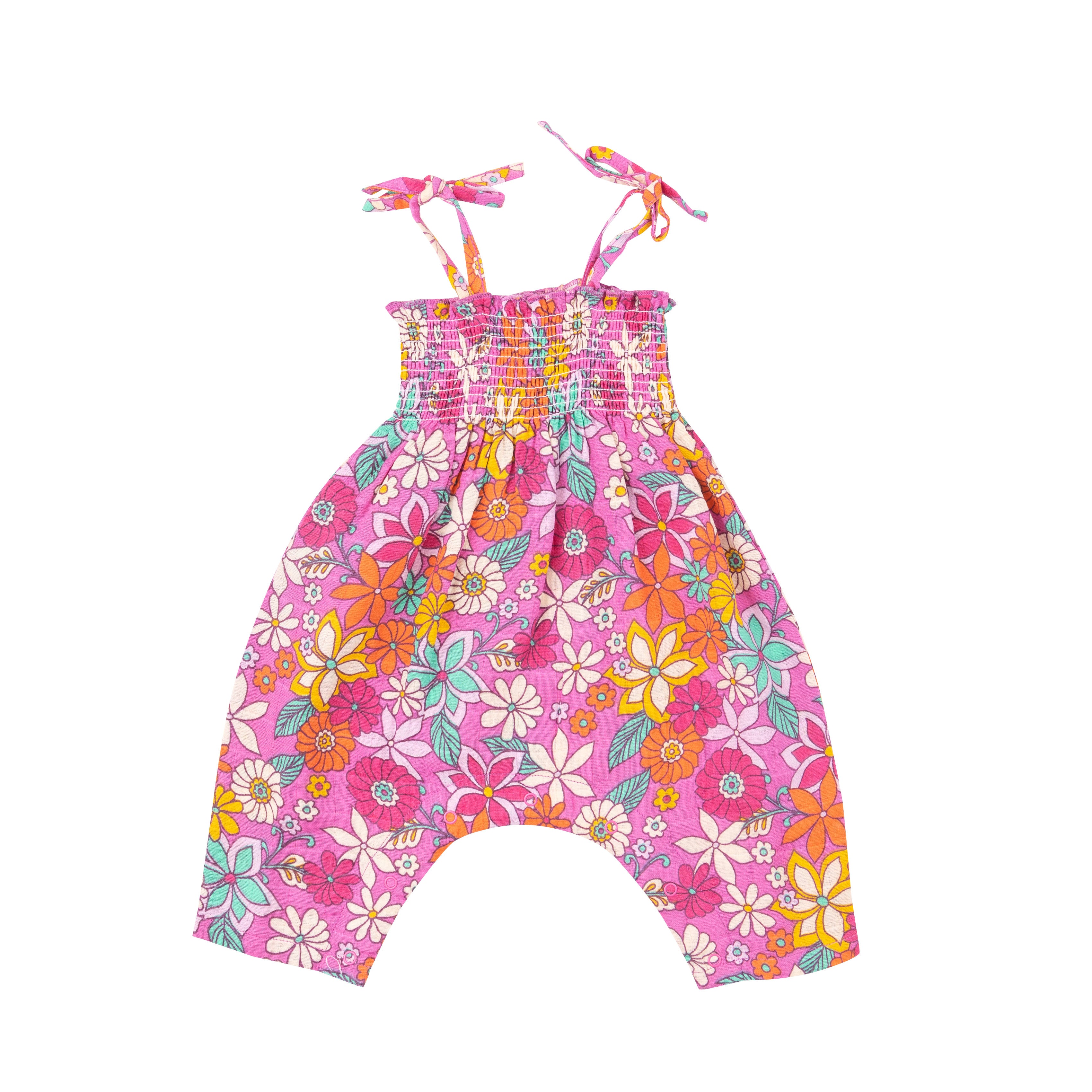 Angel Dear Tie Strapped Smocked Romper- Tropical Retro Floral