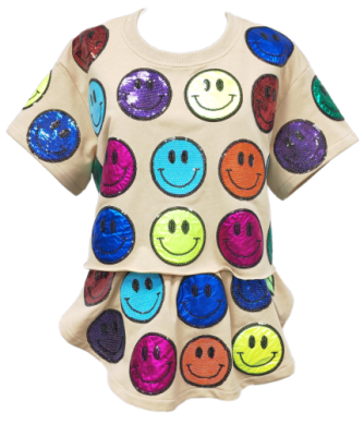 Kids Tan & Rainbow Scattered Smiley Face Top
