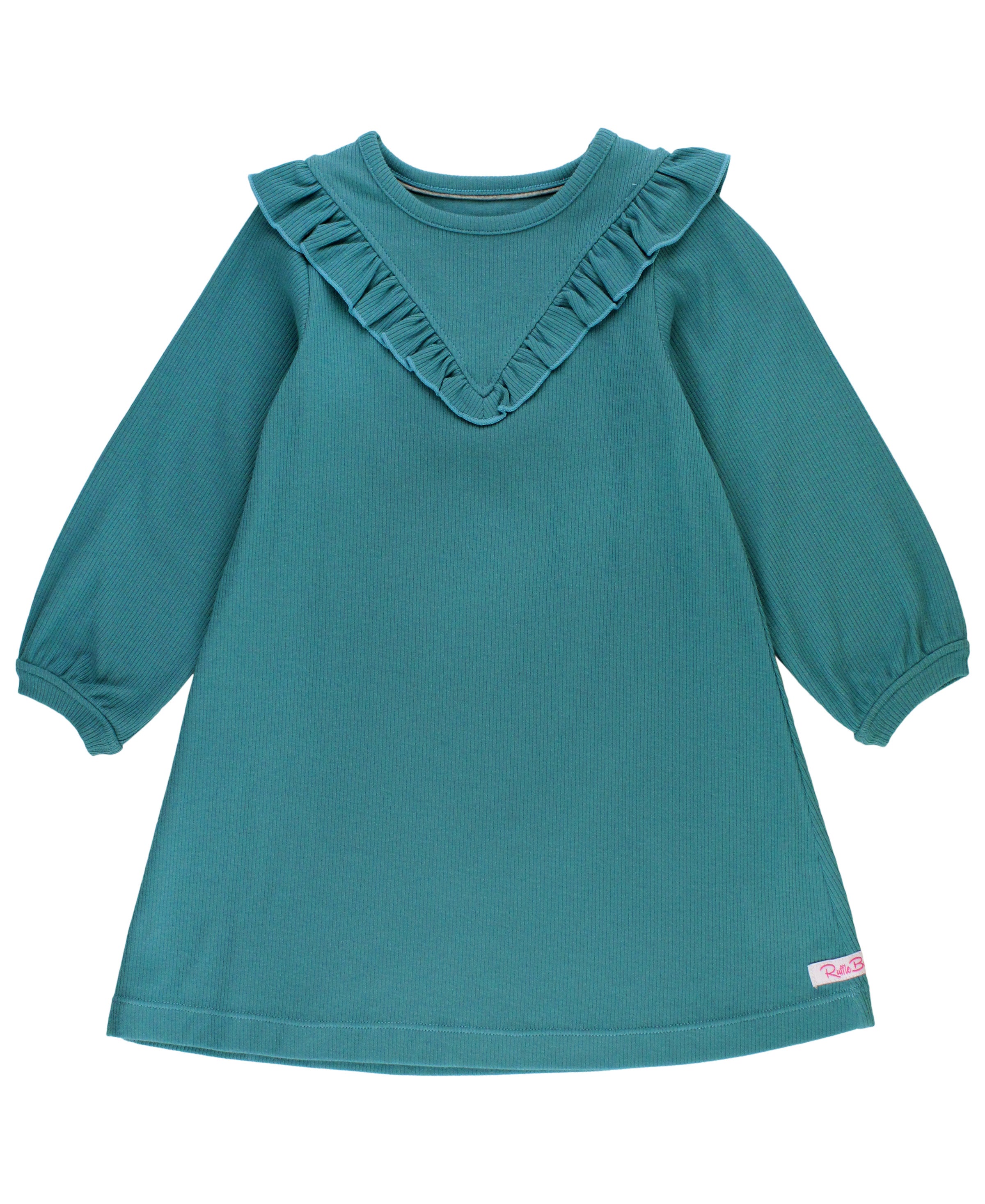 Rib Knit Long Sleeve V-Ruffle Dress