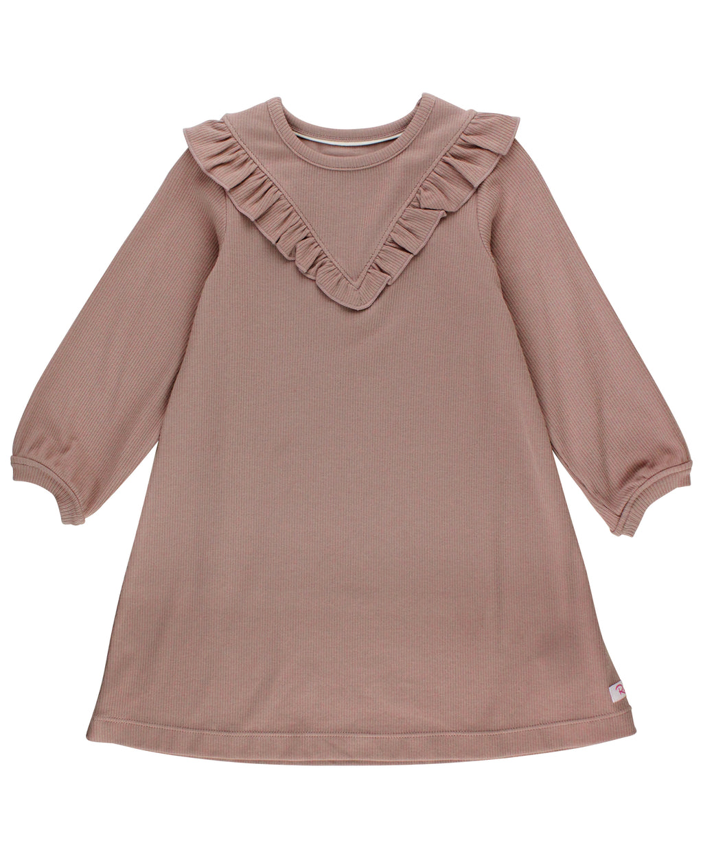 Rib Knit Long Sleeve V-Ruffle Dress