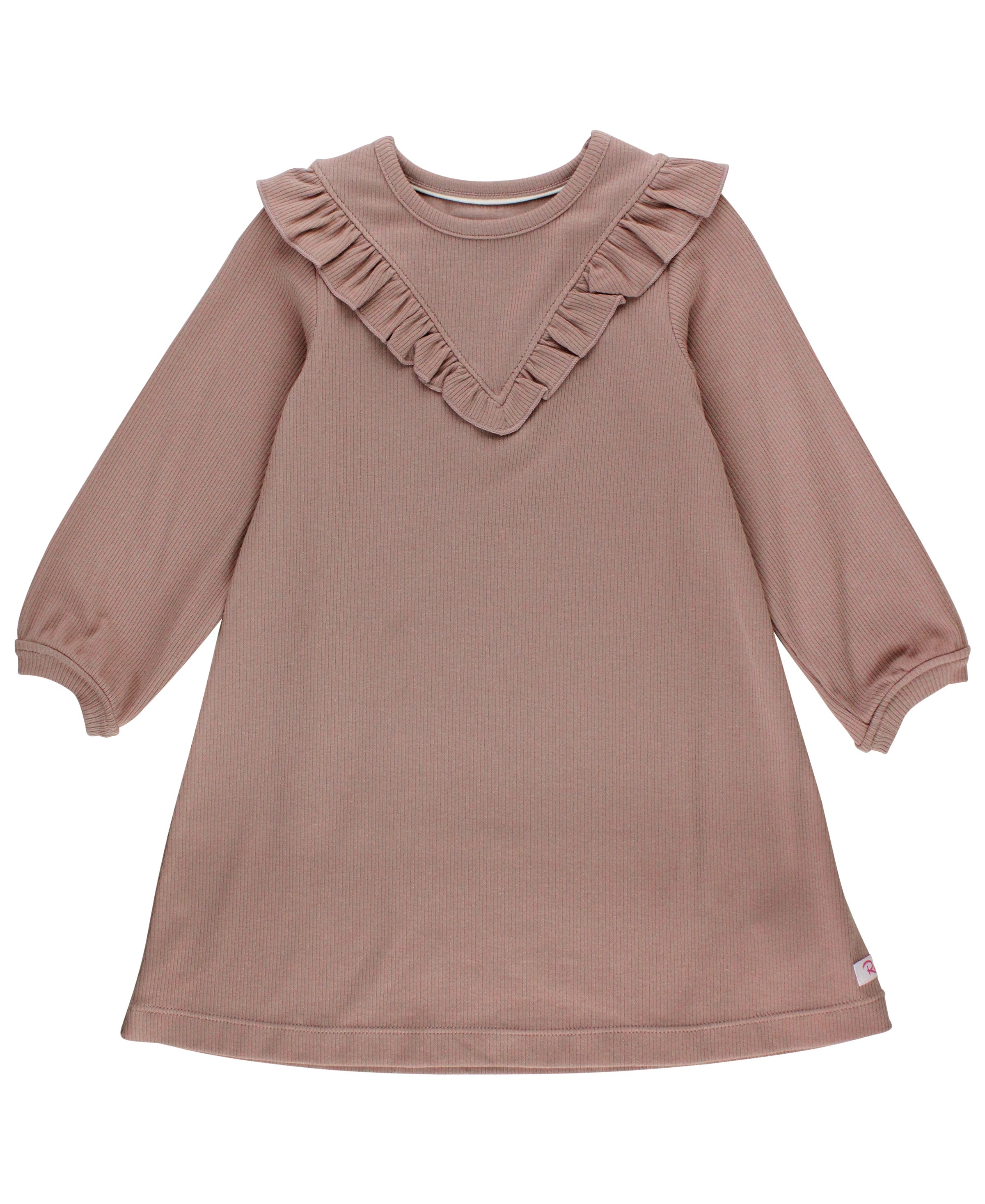 Rib Knit Long Sleeve V-Ruffle Dress