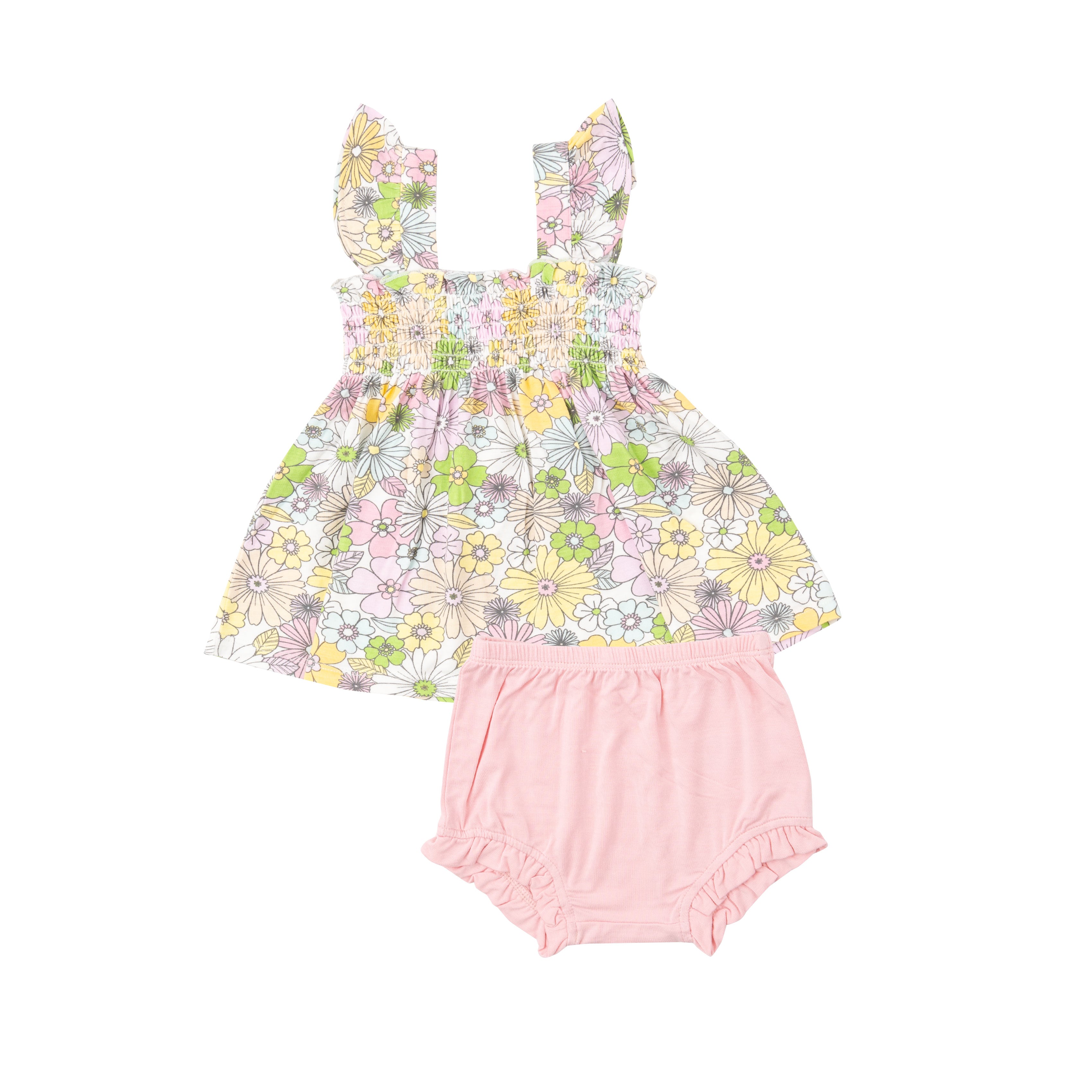 Ruffle Strap Smocked Top & Diaper Cover - Mixed Retro Floral