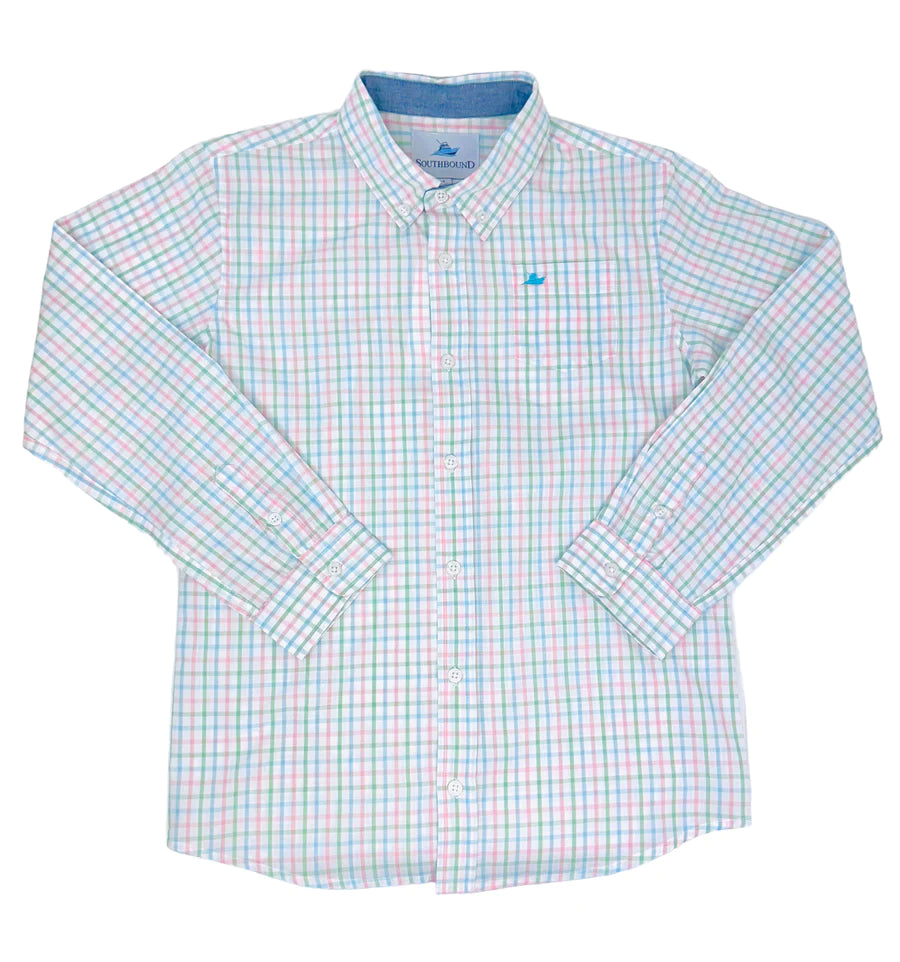 Southbound Long Sleeve Dress Shirt- Peach/Aqua/Green